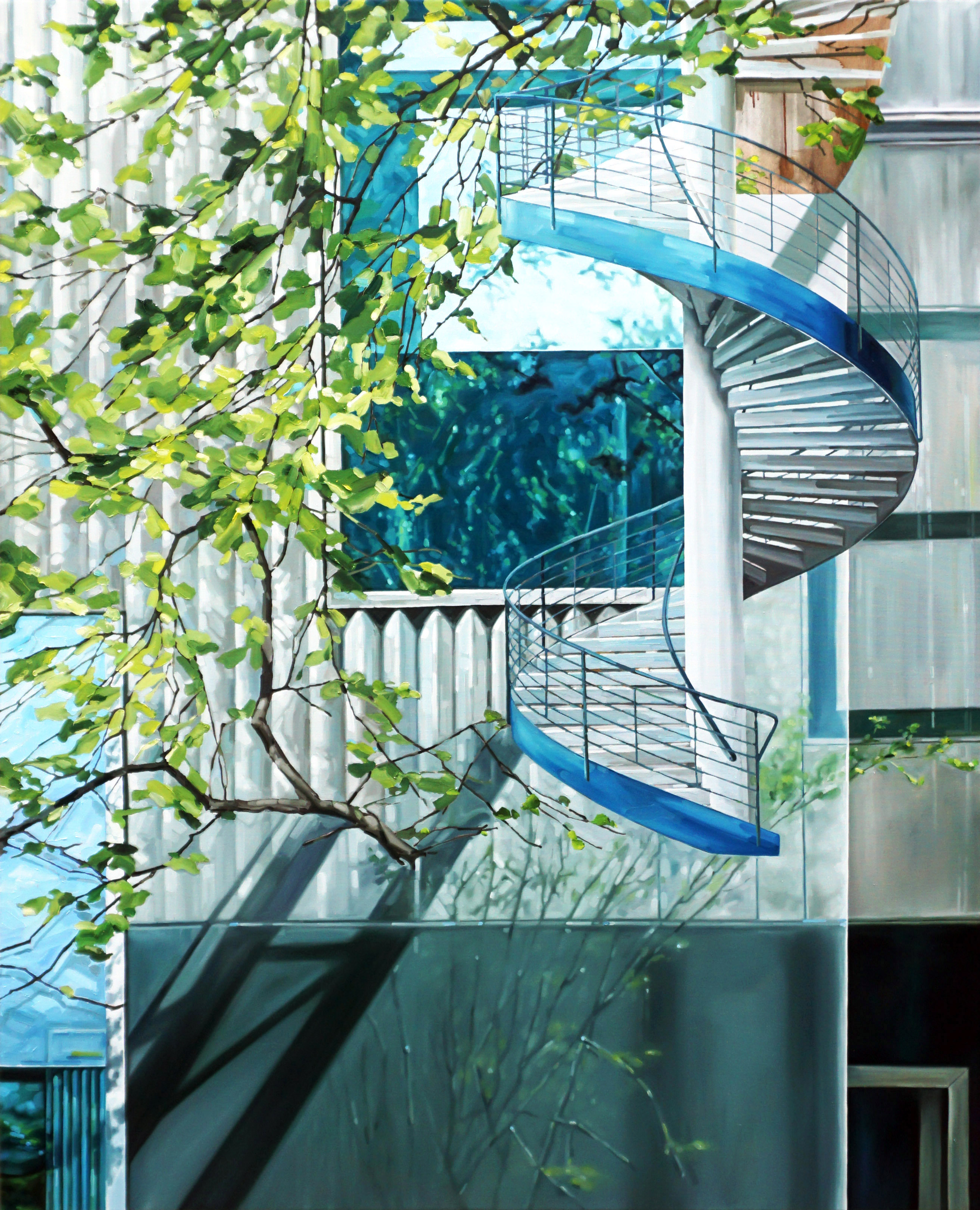초록빛이 드리워진 푸른 창과 계단_ Oil on canvas_ 162.2x130.3_2024.JPG